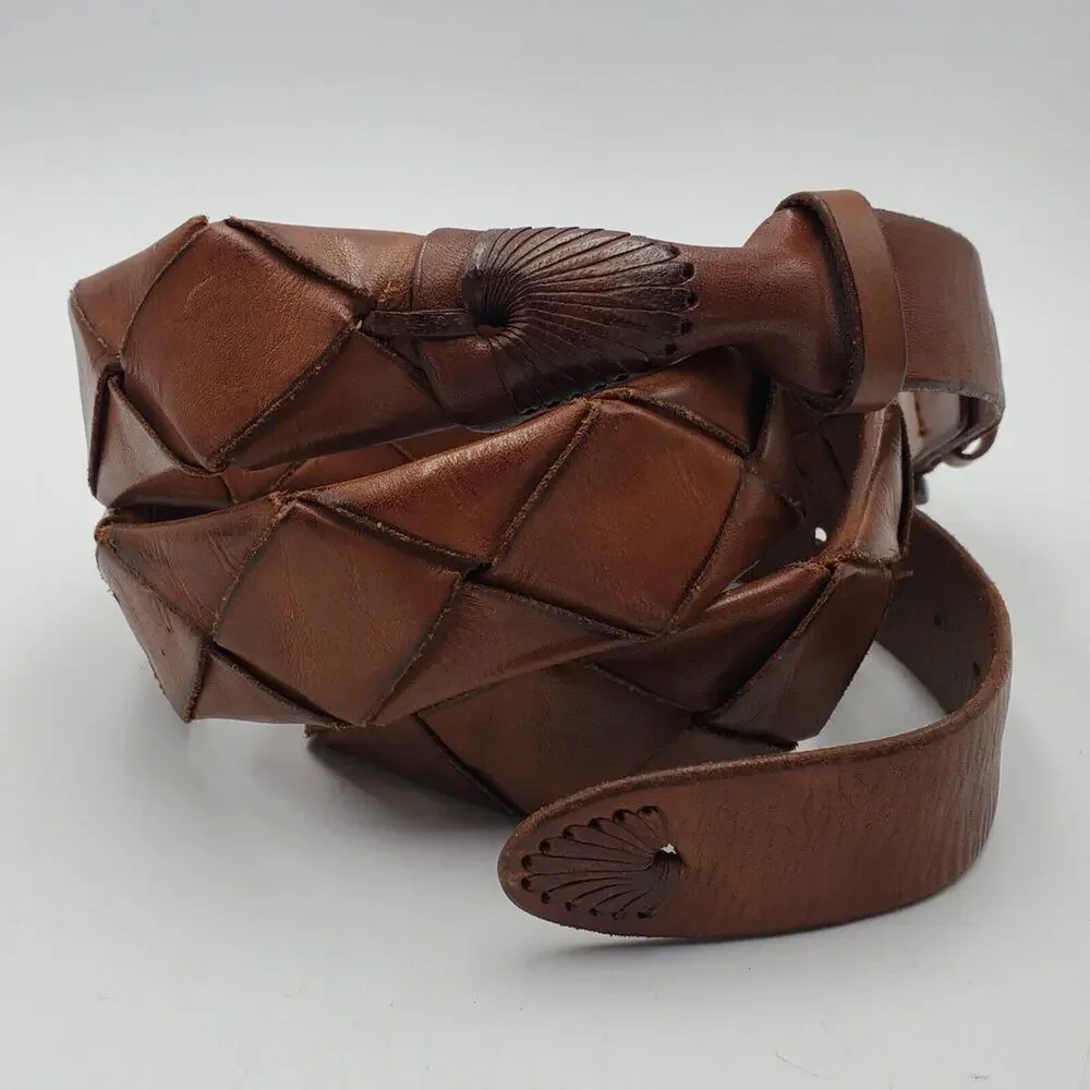 Vintage Woven Leather Belt Brown Adjustable‎ La Franch'e Paris Western European